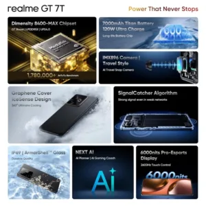 Realme GT 7T IceSense Black smartphone feature highlight