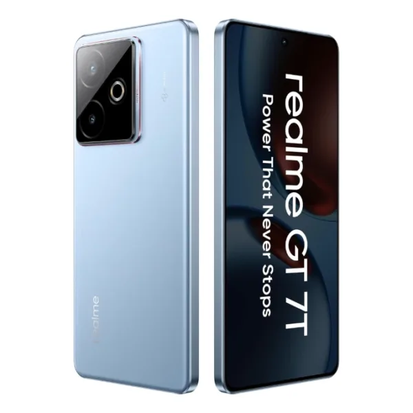 Realme GT 7T IceSense Blue smartphone full view