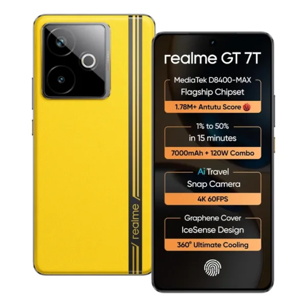 Realme GT 7T Racing Yellow smartphone