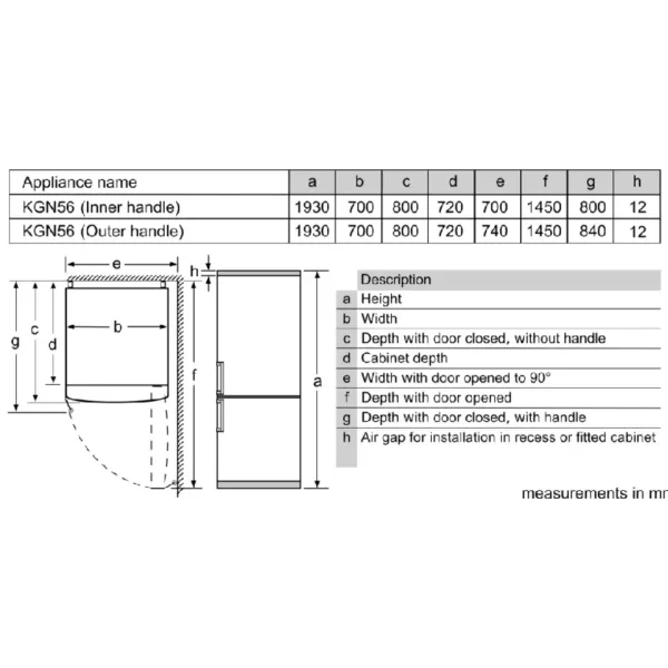 Bosch FF KGN56LB42I Black Refrigerator Dimention Guide