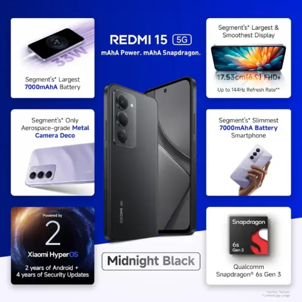 Redmi 15 5G Midnight Black SmartPhone Features Keni Electronics
