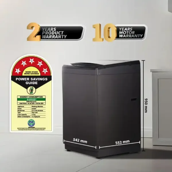 Sharp ES-T75N-BK 7.5 Kg 5Star Fully Automatic washing Machine Star Rating And Dimentions