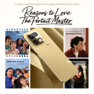 Realme 16 Pro Plus Gold smartphone with photography features.